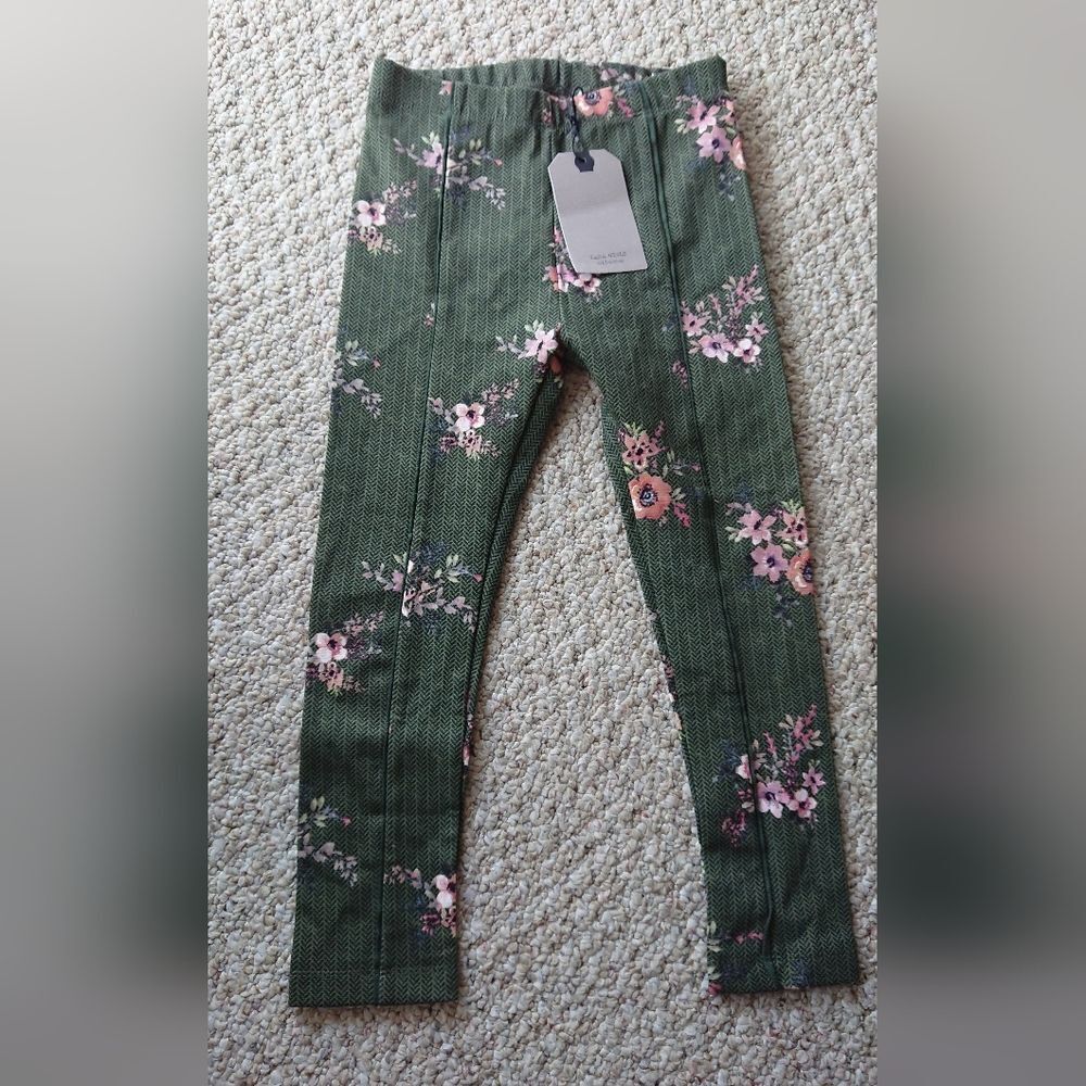 Zara girls collection green floral cotton legging pants size 7